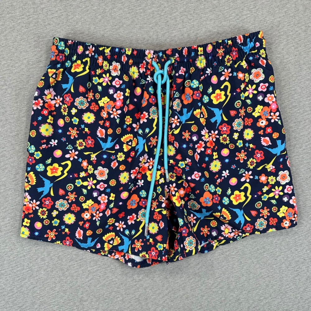 RSVLTS Swim Trunks Mens S Navy Blue Floral Bird Print Quick Dry Stretch Shorts